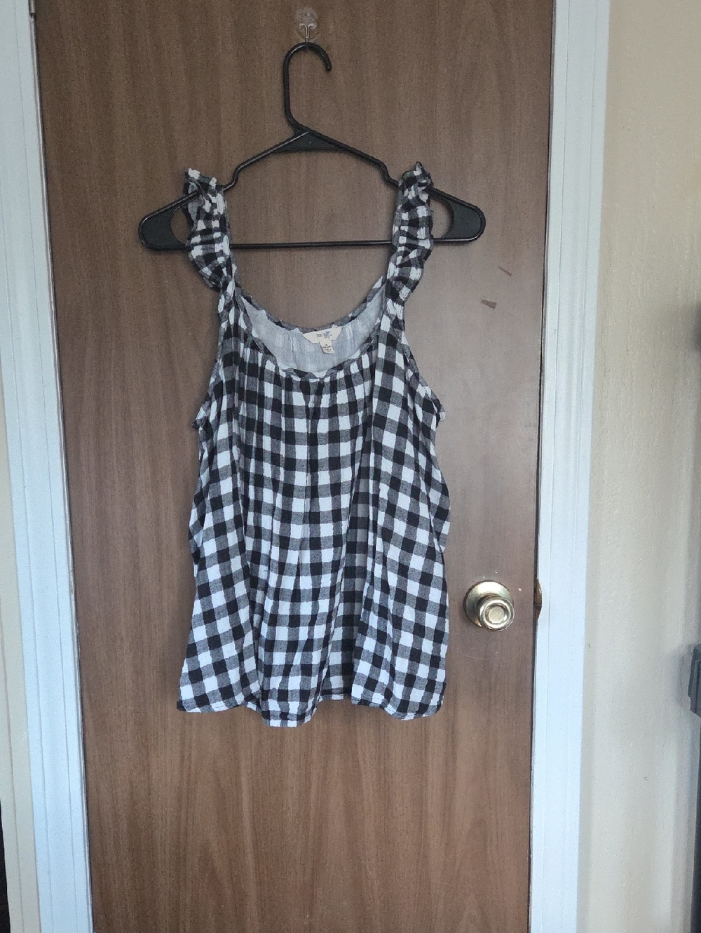 Terra & Sky Black and White Gingham Ruffle-Shoulder Top
